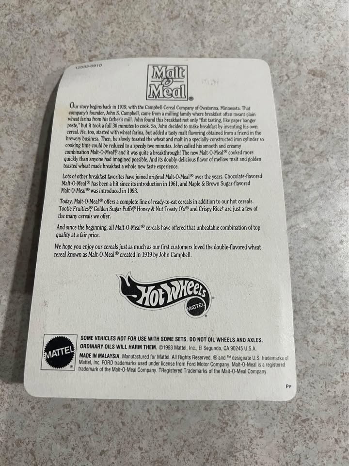 3-Window ‘34 Malt-O-Meal 1934 Limited Edition Hot Wheels #12033 1/64 Diecast Car New