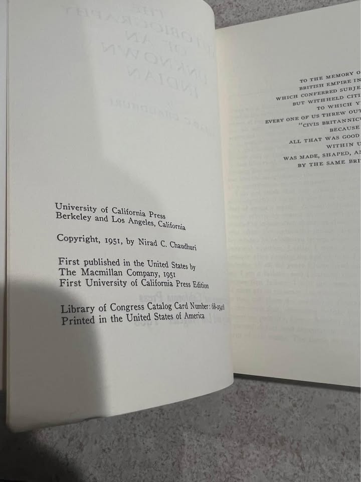 1968 The Autobiography of an Unknown Indian by Nirad C Chaudhuri Vintage Paperback Book