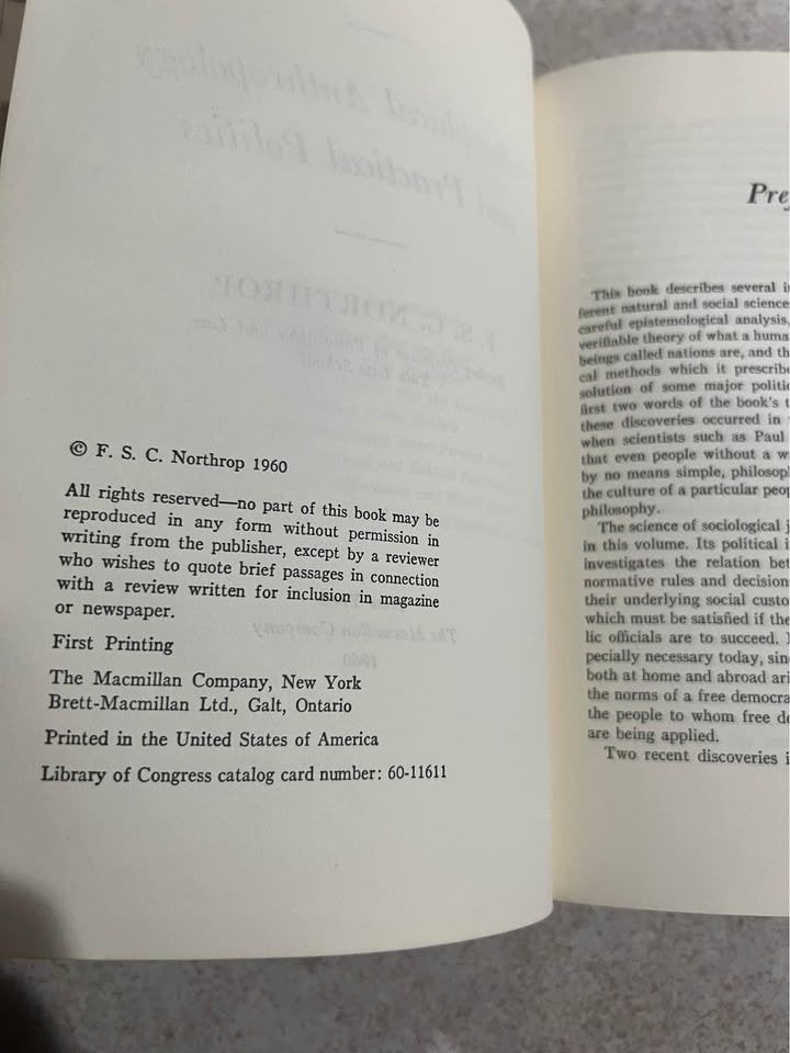 1960 Philosophical Anthropology and Practical Politics by F. S. C. Northrop Vintage Hardcover Book