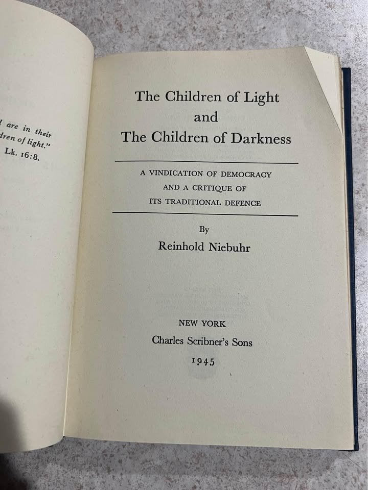 1945 The Children of Light and Darkness by Reinhold Niebuhr Antique Vintage Hardcover Book