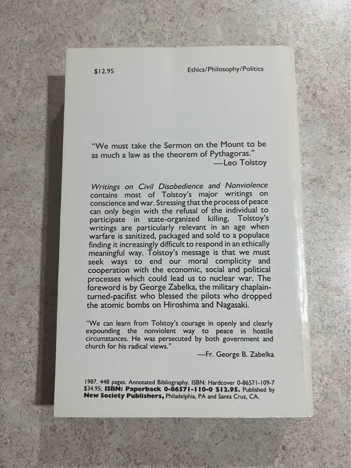 Writings on Civil Disobedience and Nonviolence by Leo Tolstoy Paperback Book 1987