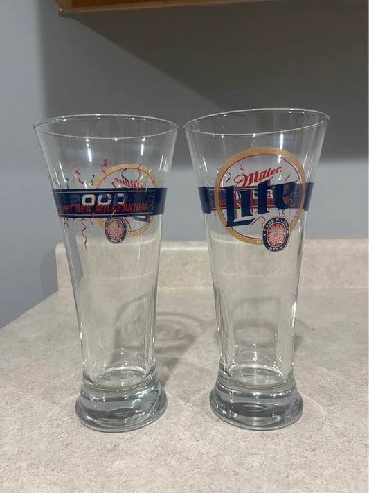 Set of 2 Miller Lite 2000 Happy New Millennium Logo Beer Glass 8” Barware