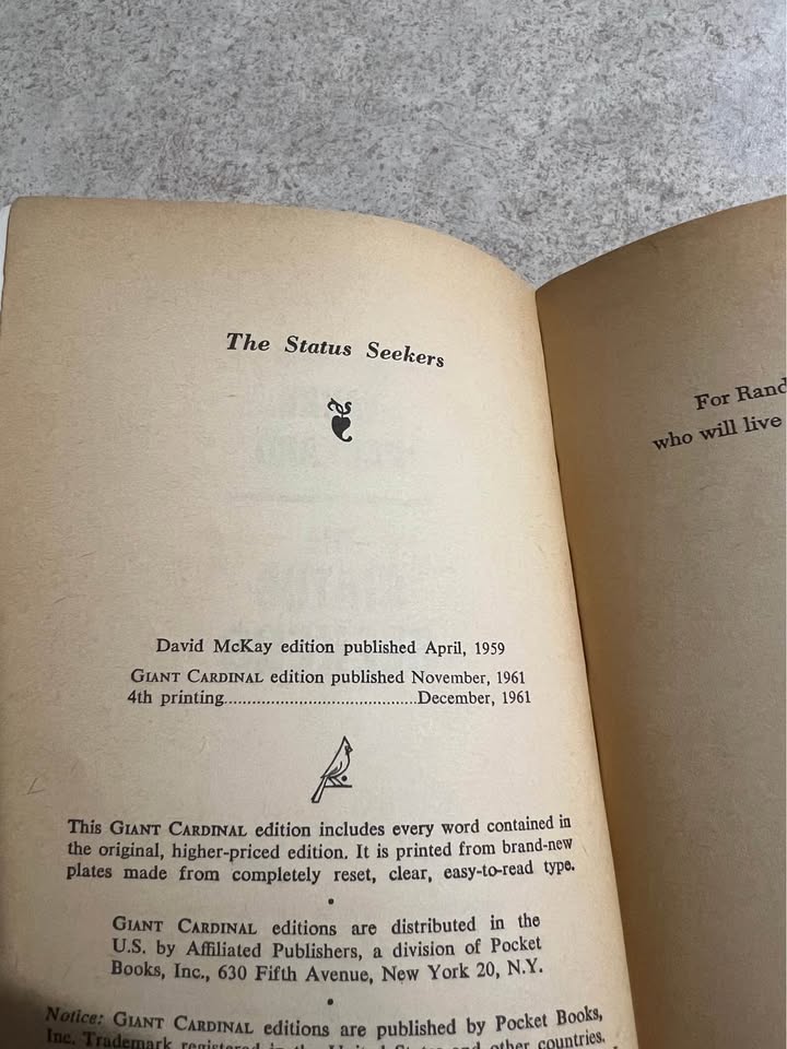 1961 The Status Seekers by Vance Packard Vintage Paperback Book