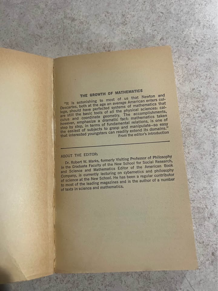 1964 The Growth of Mathematics by Robert W Marks Vintage Paperback Book